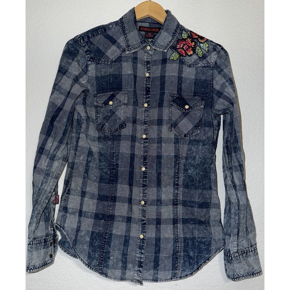 Rock & Roll Cowgirl Western Pearl Snap Shirt Plaid Embroidered Floral Women's M